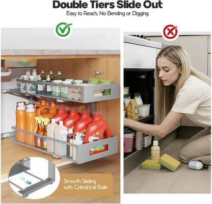Under Sink Organizer, 2-Tier Dual Pull Out Cabinet Organizer Drawers With Smooth Circular Rail, Large Capacity Metal Mesh Sliding Shelves For Bathroom& Kitchen Storage,Height Adjustable–White,2 Packs