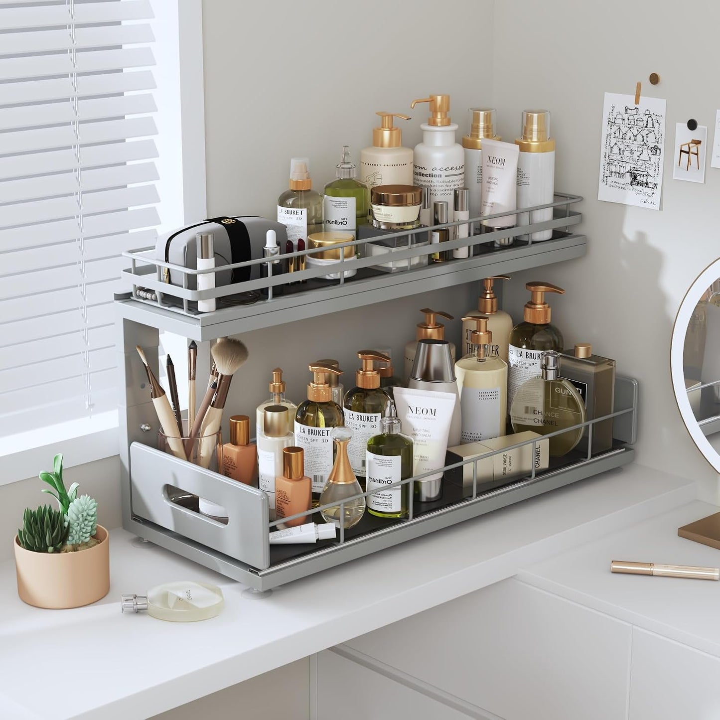 Under Sink Organizer Upgrade To Professional Rails,2-Tier Dual Pull Out Cabinet Storage,Height Adjustable Slide Out Drawers For Bathroom Kitchen,2 Pack-14.5" Dx12.8-16.9" H,White