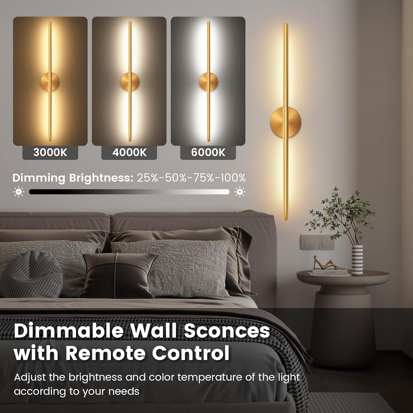 JOFIOS Battery Operated Wall Sconces Set of 2, 360°Rotation Wireless Rechargeable Wall Lights: Dimmable Detachable Wall Lamp with Remote Control, 3000K-6000K Infinite Dimming Wall Sconce 27.6 Inch