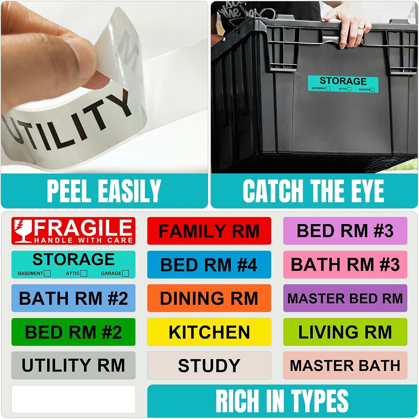 Kingtac 600 Writable Home Moving Stichers - 2' x 3', 20 Color-Coded Home Moving Packing Labels with Fragile, Extra, Heavy Options.Stick to Cardboard Boxes and Plastic Bins, No Extra Tape Needed