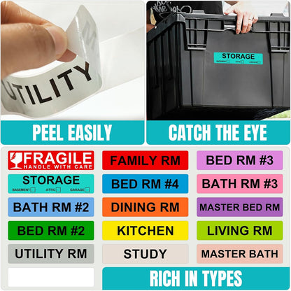 Kingtac 600 Writable Home Moving Stichers - 2' x 3', 20 Color-Coded Home Moving Packing Labels with Fragile, Extra, Heavy Options.Stick to Cardboard Boxes and Plastic Bins, No Extra Tape Needed