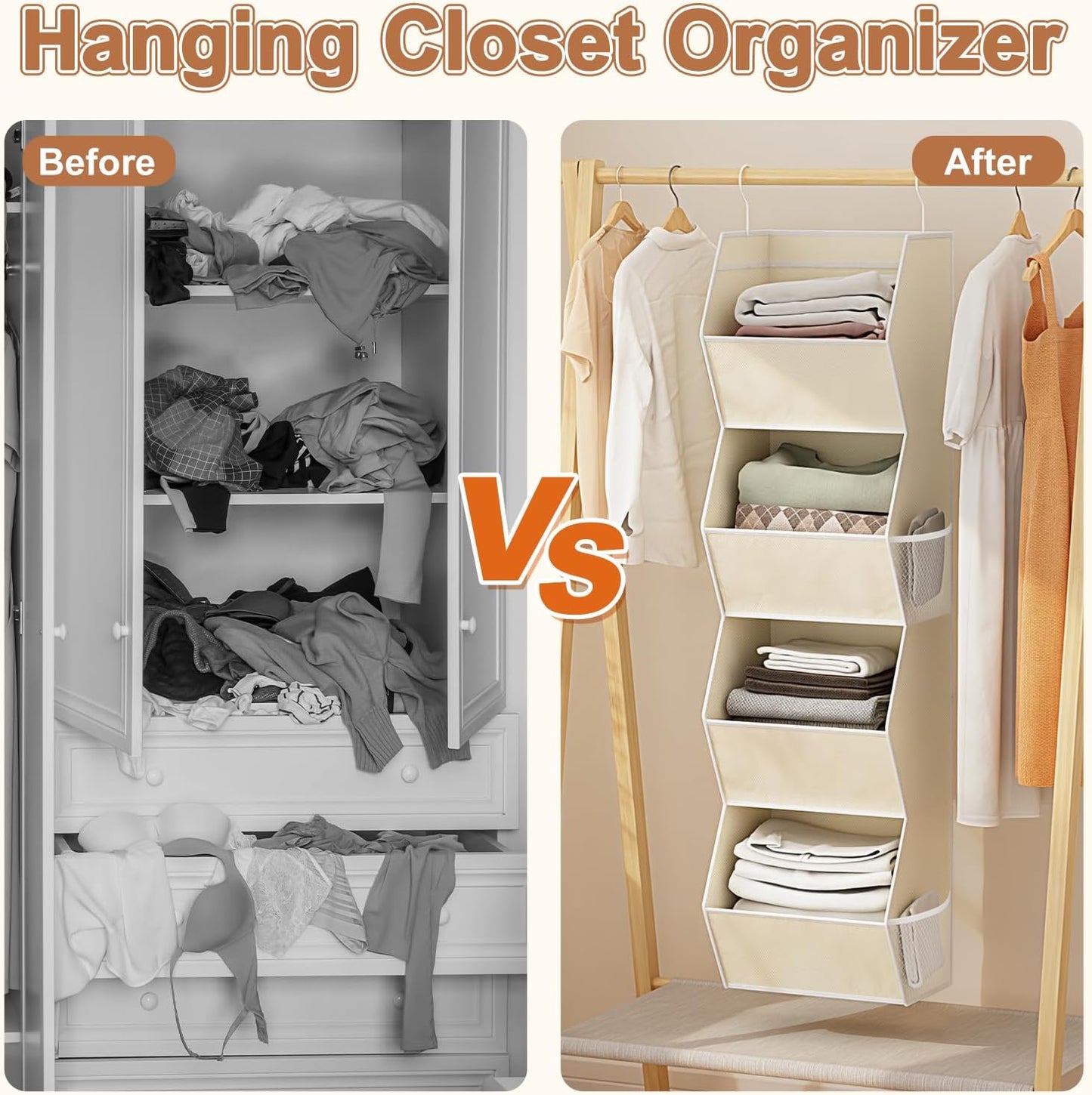 Hanging Closet Organizer 4 Shelf Collapsible Bedroom Closet Organizers and Storage Hanging with Mesh Pockets for Clothes, Fabric Hanging Storage Bins for Wardrobe Closet Organization and Storage, Grey