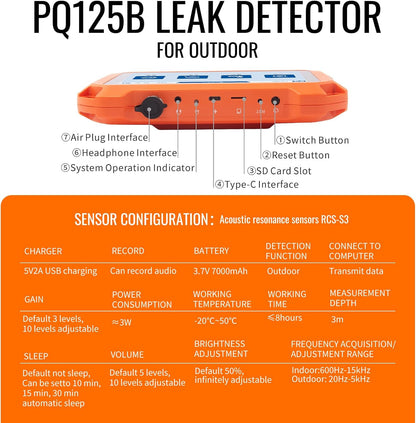 Underground Water Leak Detectors for Home PQ125A Wall Pipe Water Leakage Detection with Touchscreen Earphone and Carrying Case Multi Sensor Acoustic Pipeline Sound Intensifier