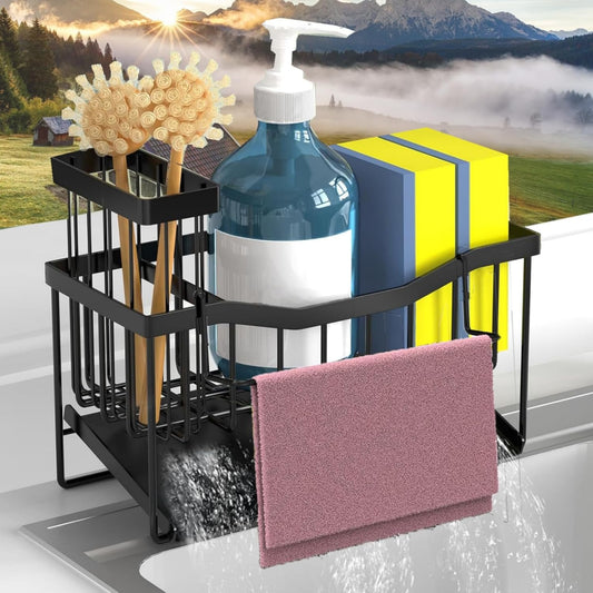 Sponge Holder for Kitchen Sink with Auto Draining Tray,Kitchen Sink Caddy Organizer with Rag Holder, Rustproof Stainless Steel Kitchen Organizers Soap Dispenser Storage Organize