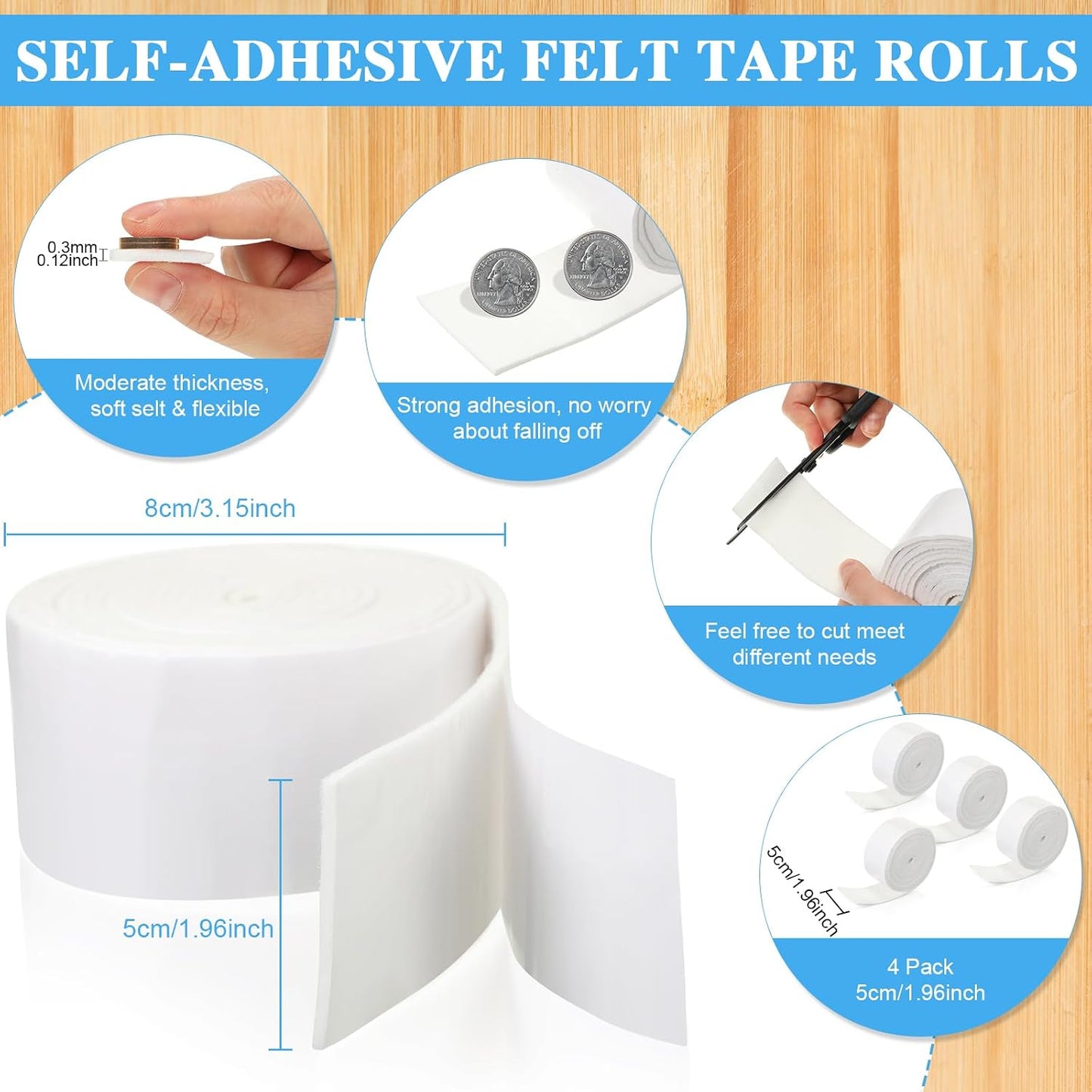 Zonon 4 Rolls 120 Inch Felt Strip with Adhesive Backing Felt Tapes Furniture Strip Rolls Self Stick Heavy Duty Polyester for Protecting Furniture and DIY Adhesive(Black,0.5 Inch)