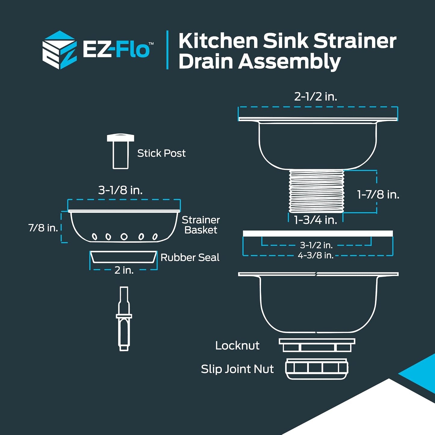 EZ-FLO Double Cup Kitchen Sink Drain Assembly, Sink Strainer fits 3-1/2 inch to 4 inch Opening, 1-7/8 inch Extended Shank, Stainless Steel, 30019