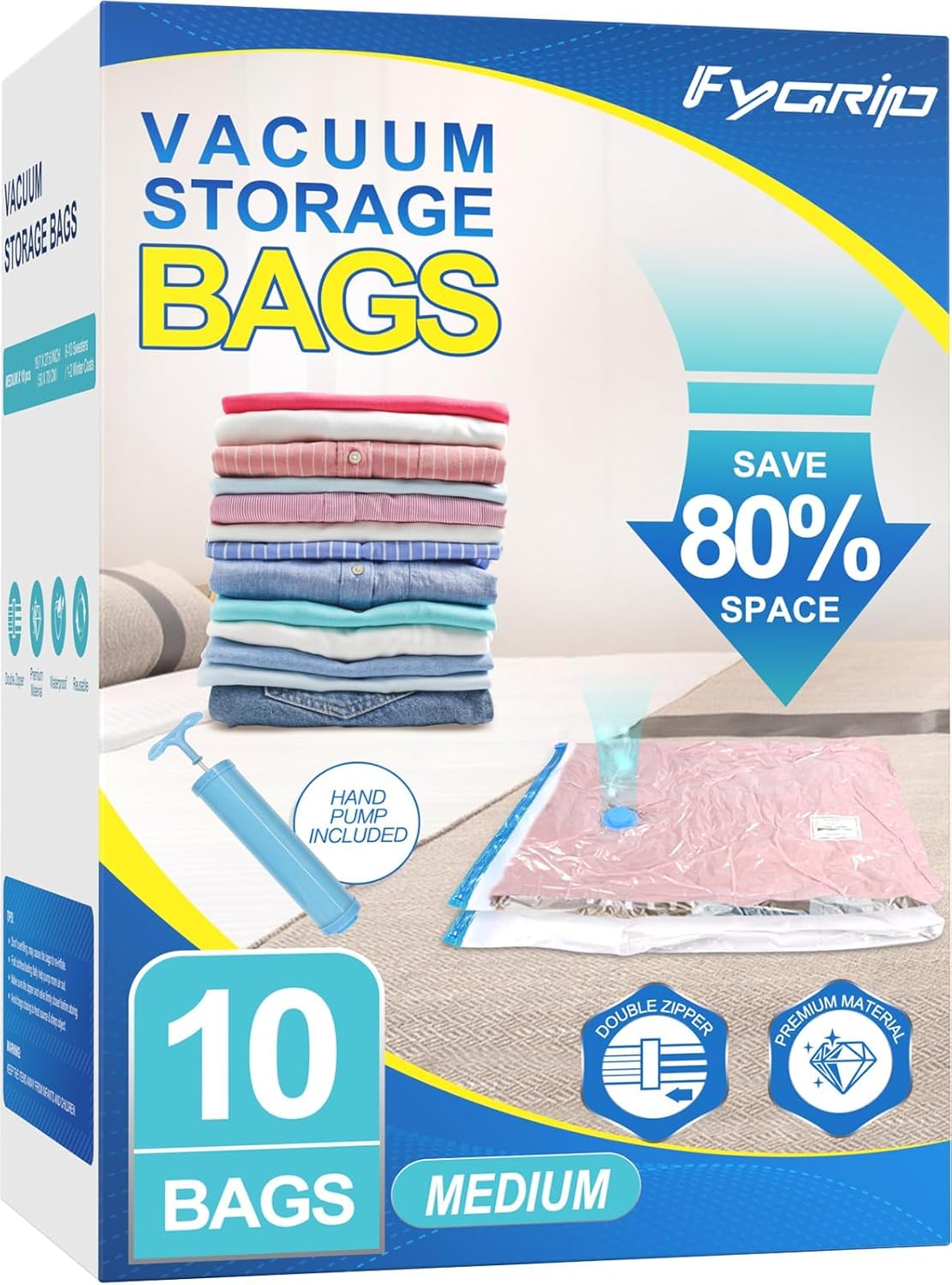 Fygrip Vacuum Storage Bags with Hand Pump, Plastic Packaging Bags, 80% Space Saver Vacuum Seal Bags for Clothing, Travel Lugggage, Blankets, Comforters, 10 Jumbo