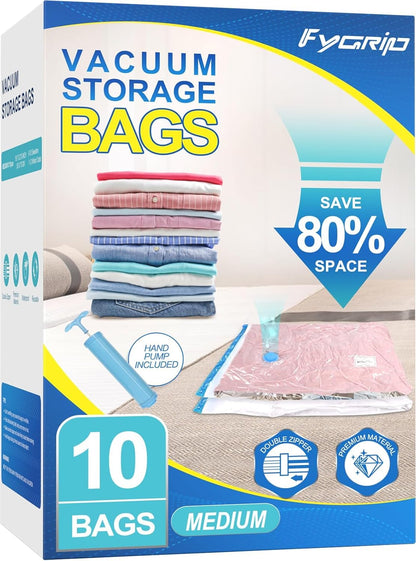 Fygrip Vacuum Storage Bags with Hand Pump, Plastic Packaging Bags, 80% Space Saver Vacuum Seal Bags for Clothing, Travel Lugggage, Blankets, Comforters, 10 Jumbo