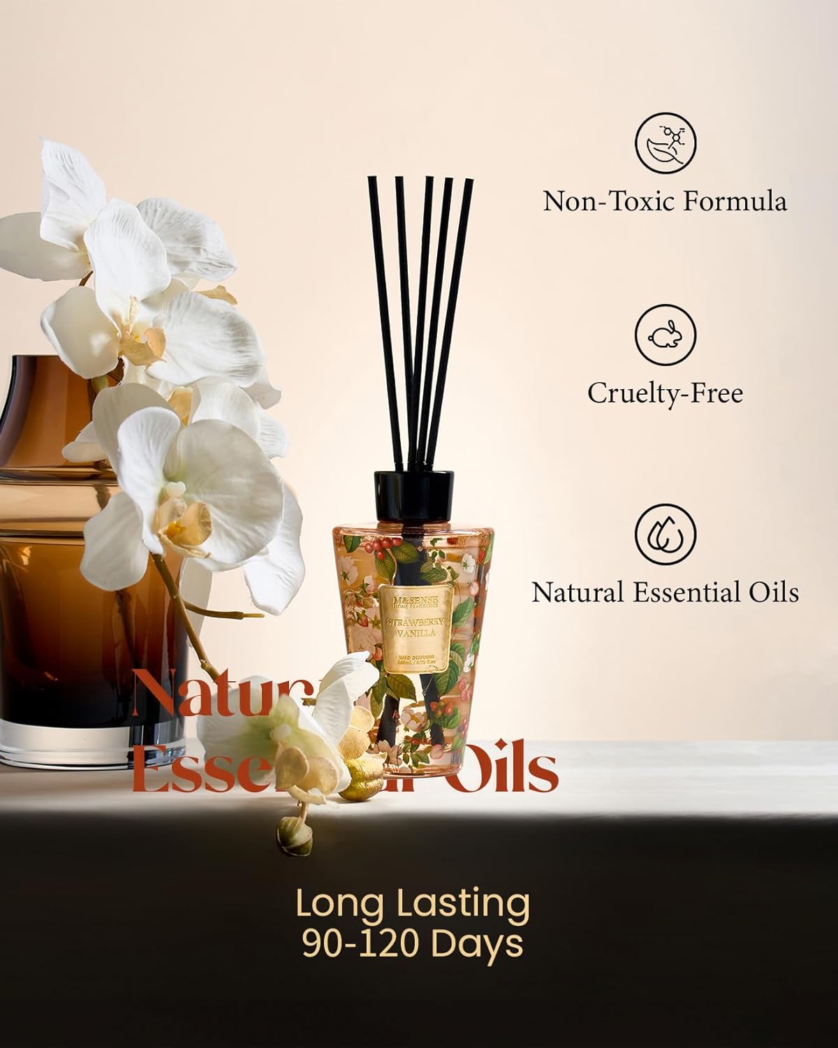 M&SENSE Reed Diffuser Set, Jasmine Sandalwood Scented 6.3 fl oz Natural Essential Oil Diffusers with Sticks, Non-Toxic Organic Air Freshener, Long-Lasting Fragrance Oils for Home Bathroom Living Room