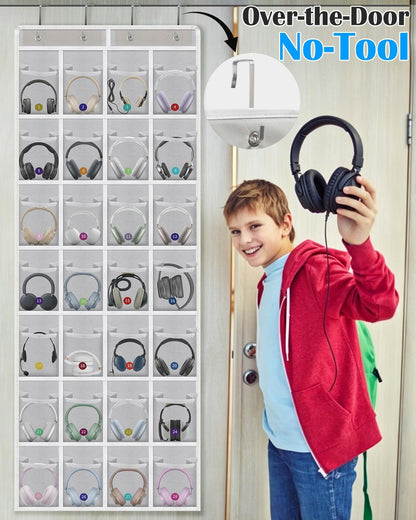 Classroom Headphone Storage Organizer with 28 Large Pockets and 100 Labels | Fabric Durable Classroom Pocket Chart Over The Door Hanging Headphone Holder Bag School Supplies Teacher Essentials, Grey