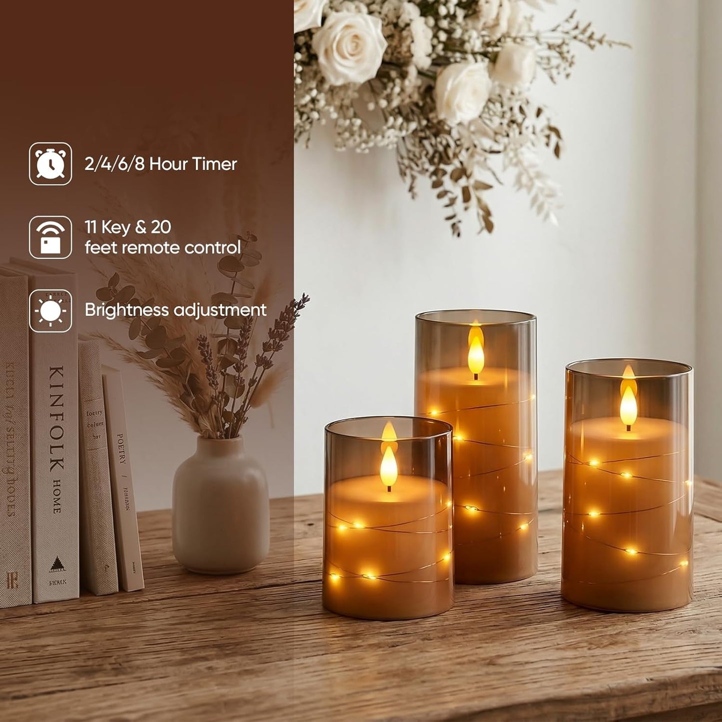 Amagic Red Flameless Candles 3 Set, Flickering Battery Operated Candles Embedded Fairy String Light, Realistic Pillar Candle with Remote Control and Timer, Acrylic, D3 x H4 5" 6"
