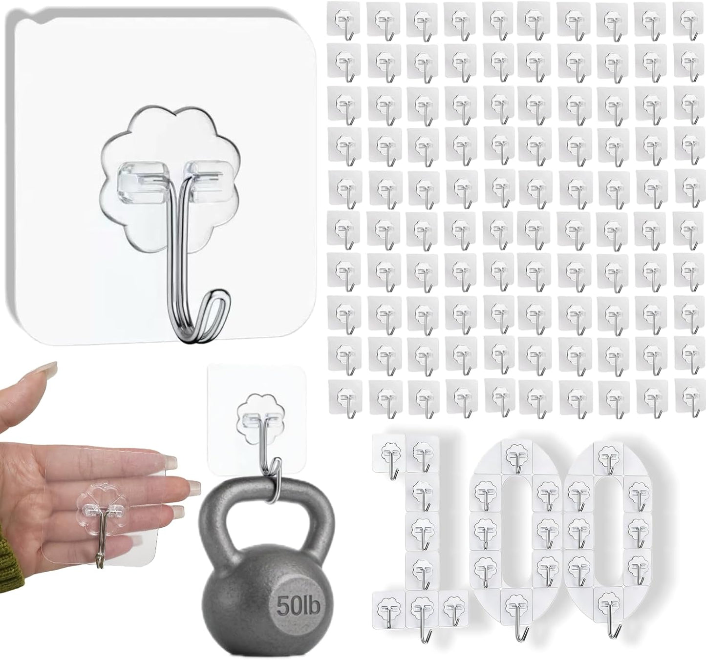 Adhesive Wall Hooks for Hanging Heavy Duty 50 lbs Large Hooks for Walls No Damage, Towel Sticky Clear Hook, Waterproof, Home, Bathroom, Kitchen, Office, and Outdoor 10 Pack