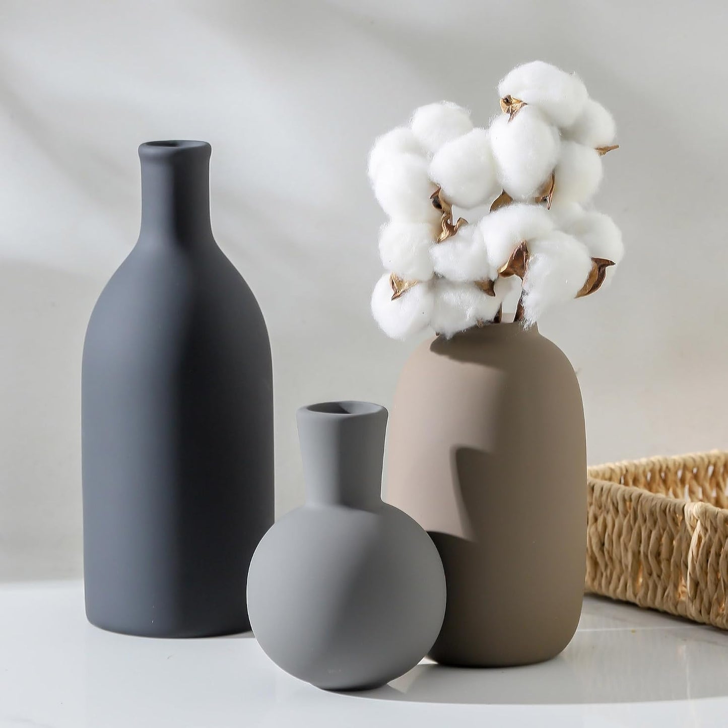 Ceramic Vase Set of 3, Decorative Vases Home Decor Modern Neutral Flower Pampass Boho Vase for Living Room, Table, Mantel, Entryway, Bookshelf, Kitchen, Bedroom, Bathroom - White