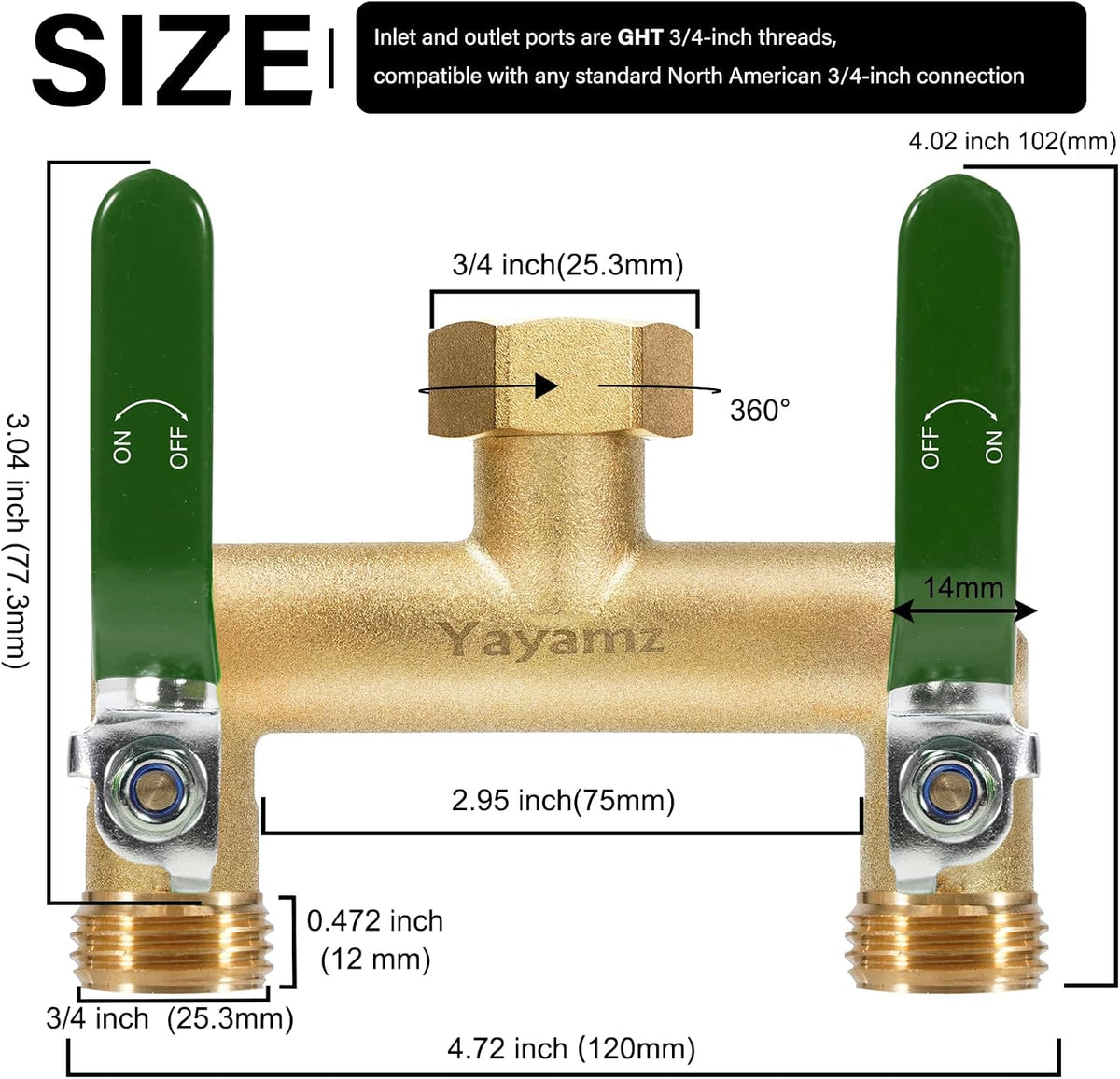 Garden Hose Splitter, 3/4” Rust and Freeze Resistant Outdoor Hose Manifold with 2 Green Extra Long Handles Faucet Adapter-Heavy Duty Brass 2-Way Valve