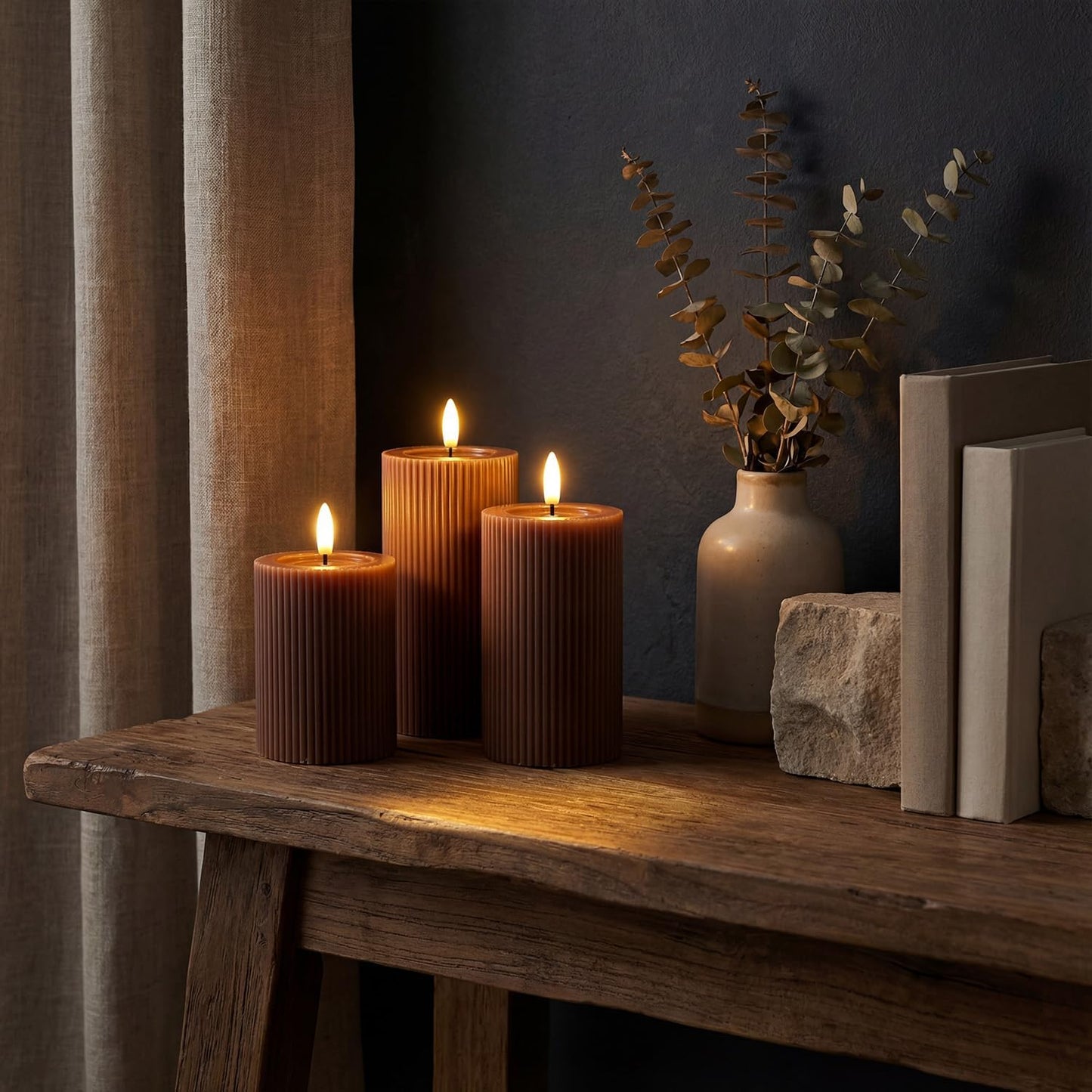 Fluted Ribbed LED Pillar Candles, Cream Beige, with Realistic Reflective Melted-Wax Effect – Flickering Flame, Remote, Dimmable, Flameless, Battery Operated, Home & Wedding Decor (Set of 3)