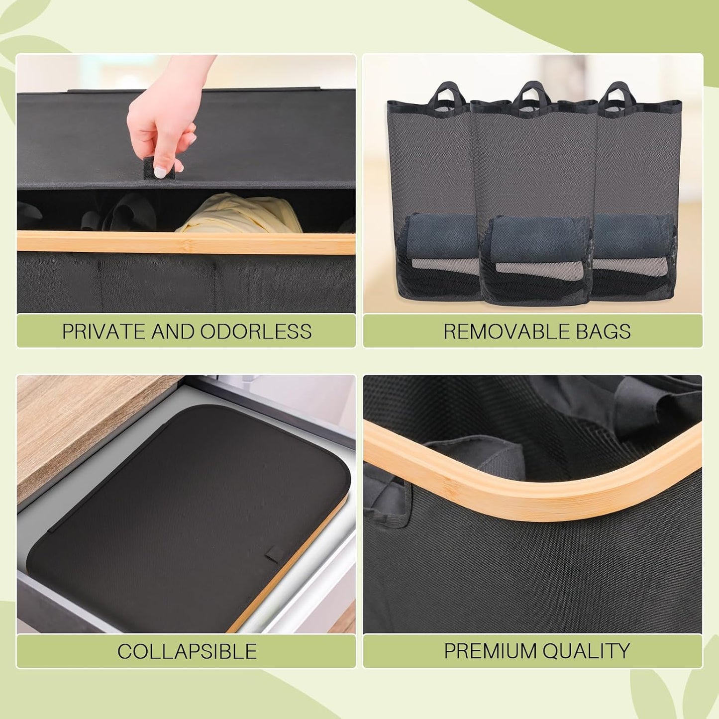 160L Laundry Hamper with Lid, 3 Section Laundry Basket with 3 Removable Bag | Clothes Hampers for Laundry with Bamboo Frame Handle, Large Dirty Clothes Hamper for Laundry Room, Bathroom, Bedroom, Black