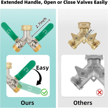 Hose Splitter 2 Way, High Flow Garden Hose Splitter, 3/4” Ght Inlet Brass Heavy Duty Hose Converter, Full Flow water 2 Way Faucet hose splitter, Long Handle Hose Valve Large Outlet.