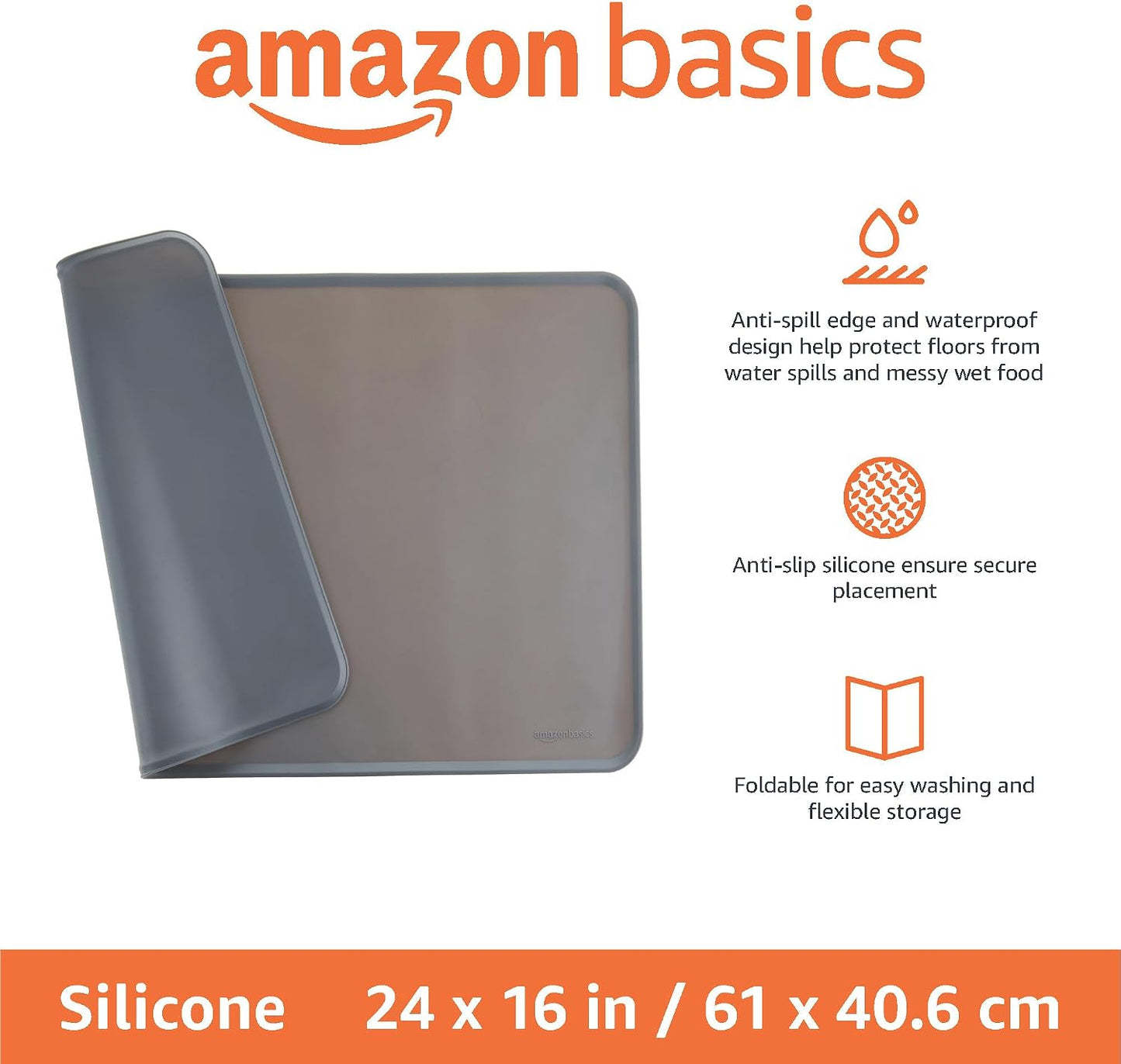 Amazon Basics Waterproof Non-Slip Silicone Pet Feeding Mat with Raised Edges for Food and Water Bowls, Easy to Clean Pet Placemat to Protect Floors, 18.5" x 11.5", Black