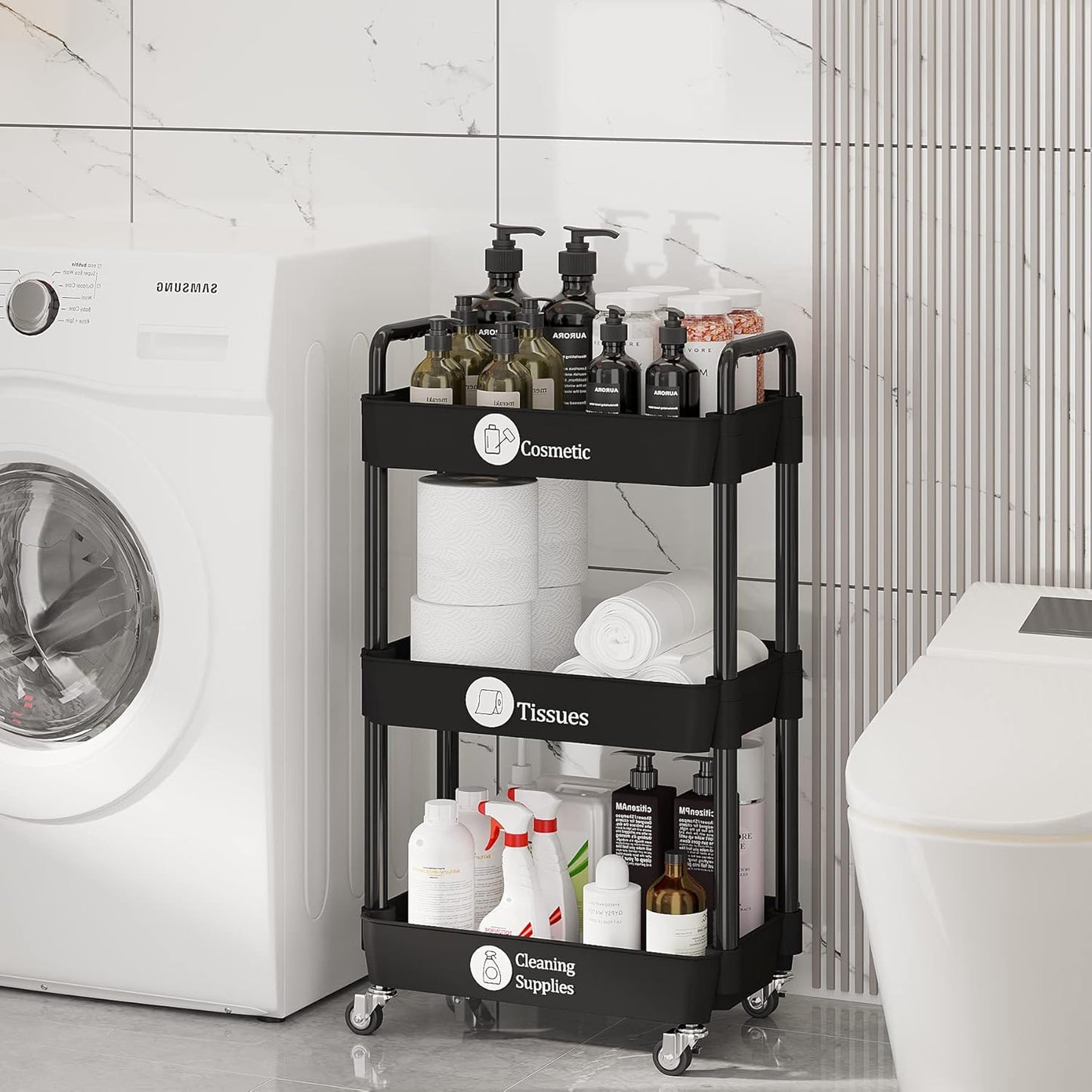 Laiensia 3-Tier Rolling Cart with Wheels,Multifunction Utility Storage Carts, Kitchen Storage Organizer,Mobile Shelving Unit for Bathroom,Laundry,with Classified Stickers,White