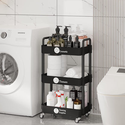 Laiensia 3-Tier Rolling Cart with Wheels,Multifunction Utility Storage Carts, Kitchen Storage Organizer,Mobile Shelving Unit for Bathroom,Laundry,with Classified Stickers,White