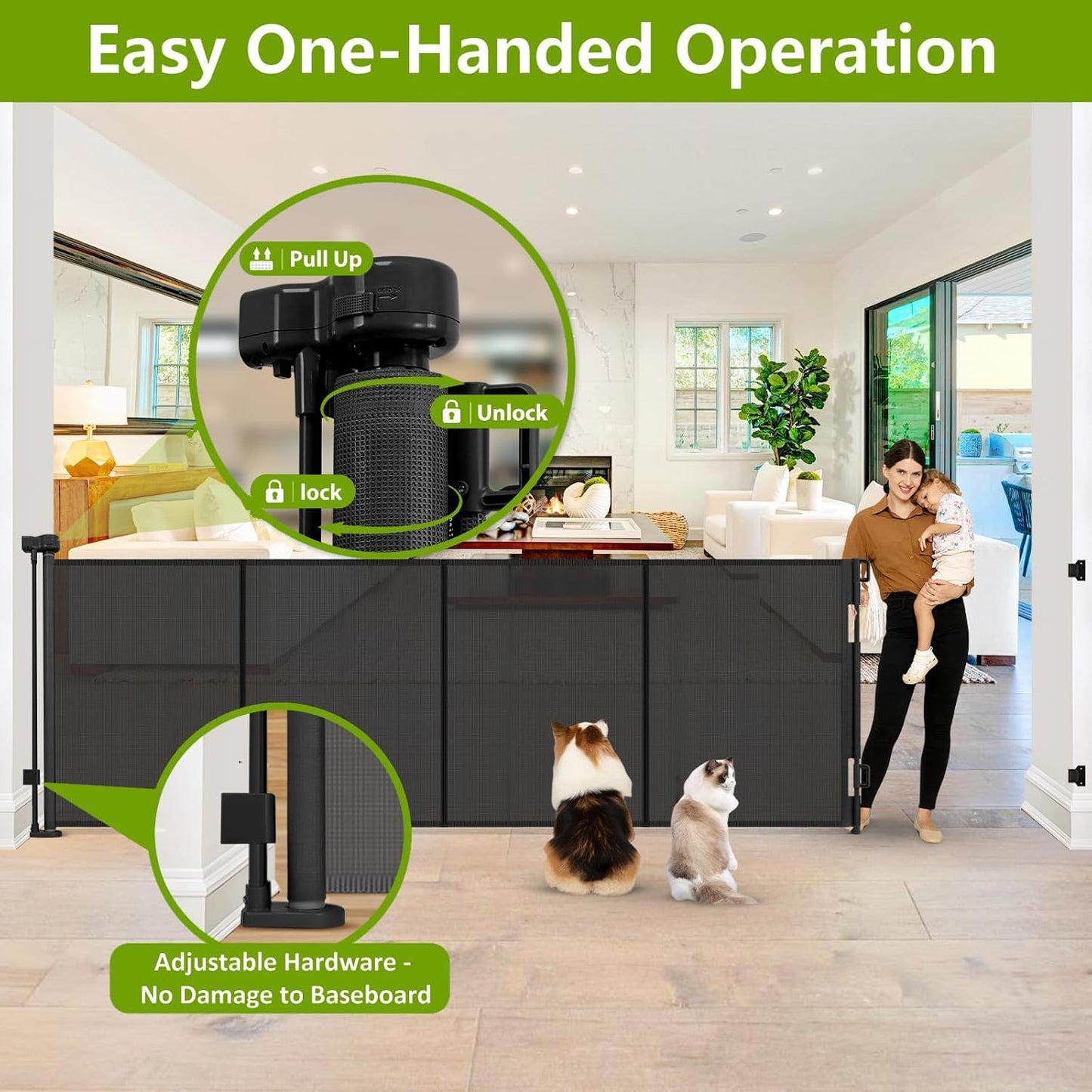 Newly Enhanced - 42" Tall × 120" Extra Wide Retractable Baby Gate Keeps Pets from Getting Under Tall Dog Gate, Indoor/Outdoor Baby Gates for Dogs, Retractable Dog Gate for Large Openings, White