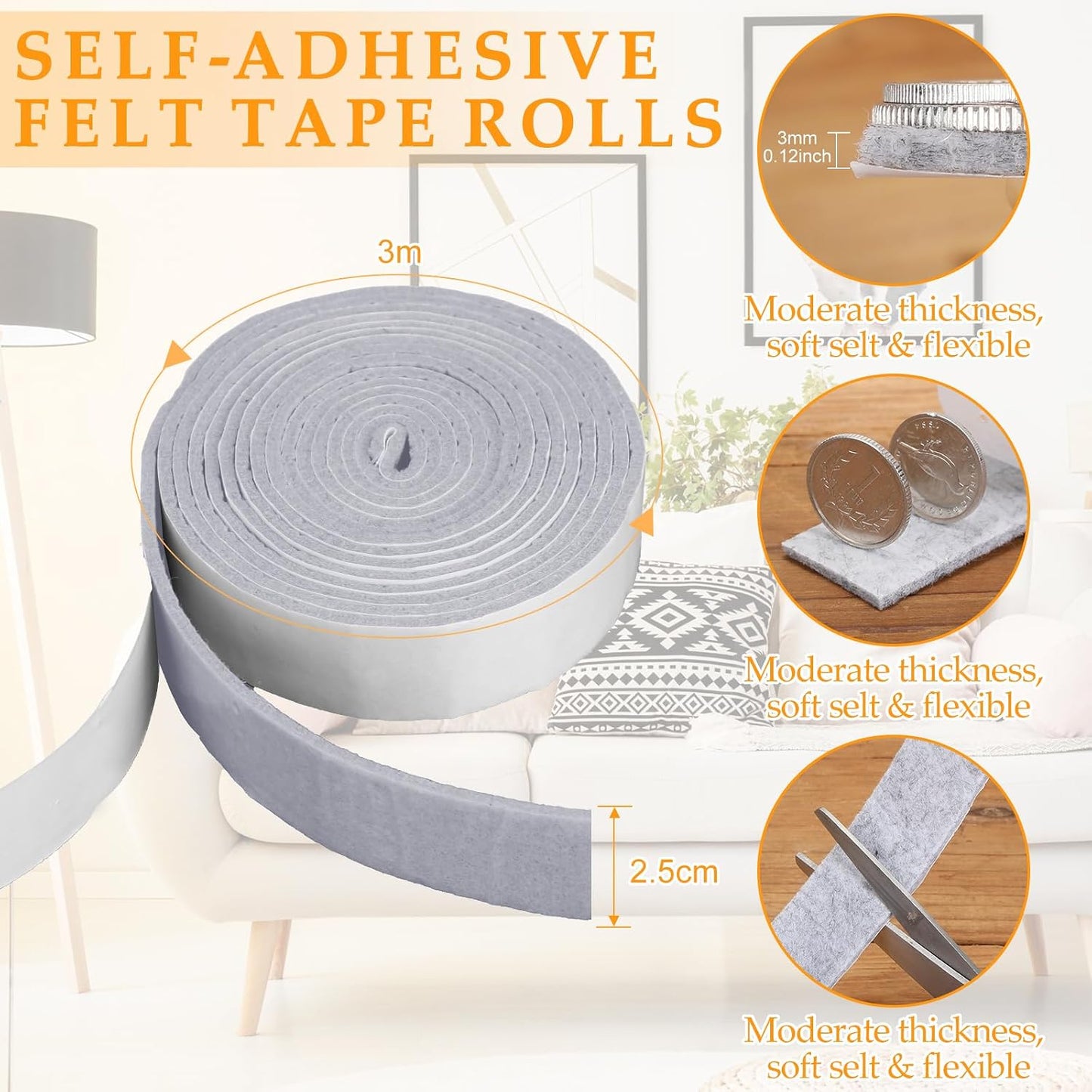 Zonon 4 Rolls 120 Inch Felt Strip with Adhesive Backing Felt Tapes Furniture Strip Rolls Self Stick Heavy Duty Polyester for Protecting Furniture and DIY Adhesive(Black,0.5 Inch)