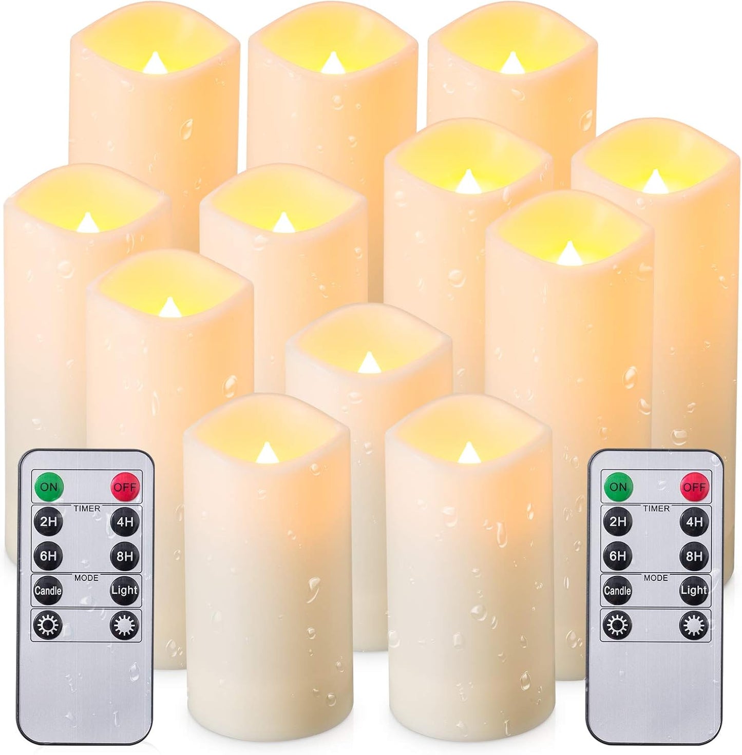 Enpornk Flameless Battery Operated Outdoor Waterproof Set of 12(D: 3" x H: 3" 4" 5" 6") Pillar LED Candles with 10-Key Remote and Cycling 24 Hours Timer