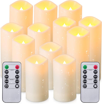Enpornk Flameless Battery Operated Outdoor Waterproof Set of 12(D: 3" x H: 3" 4" 5" 6") Pillar LED Candles with 10-Key Remote and Cycling 24 Hours Timer