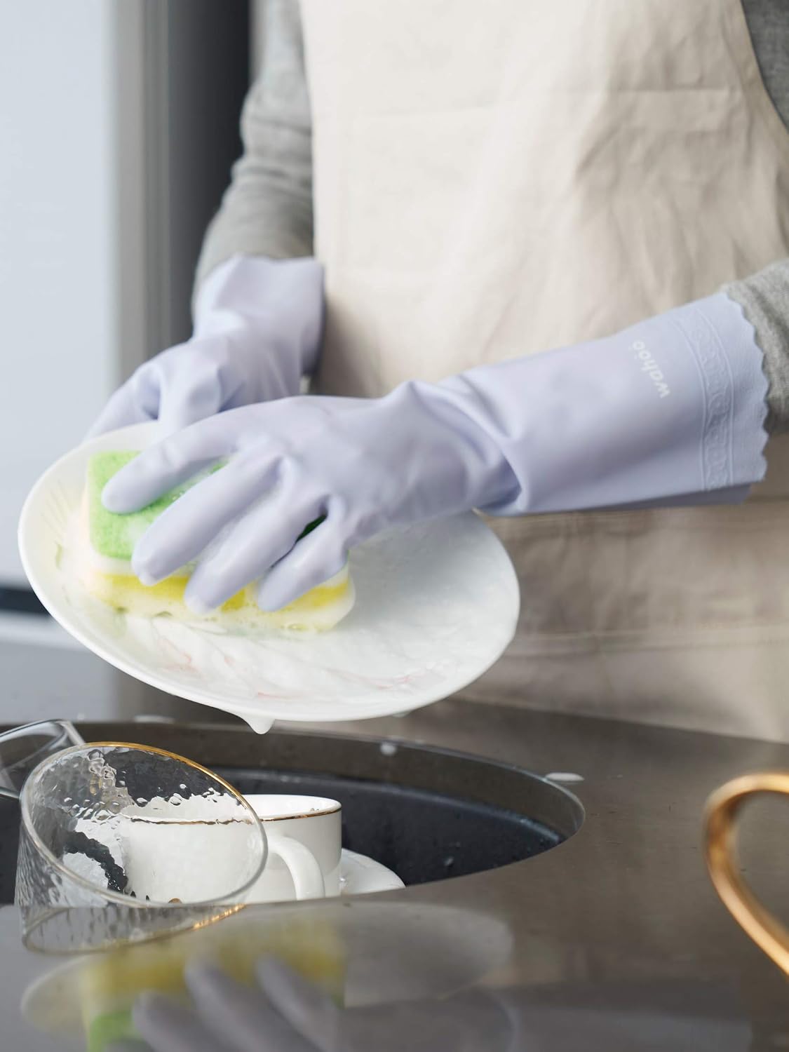 LANON Protection wahoo PVC Dishwashing Cleaning Gloves, Reusable Unlined Kitchen Gloves, Non-Slip, Large