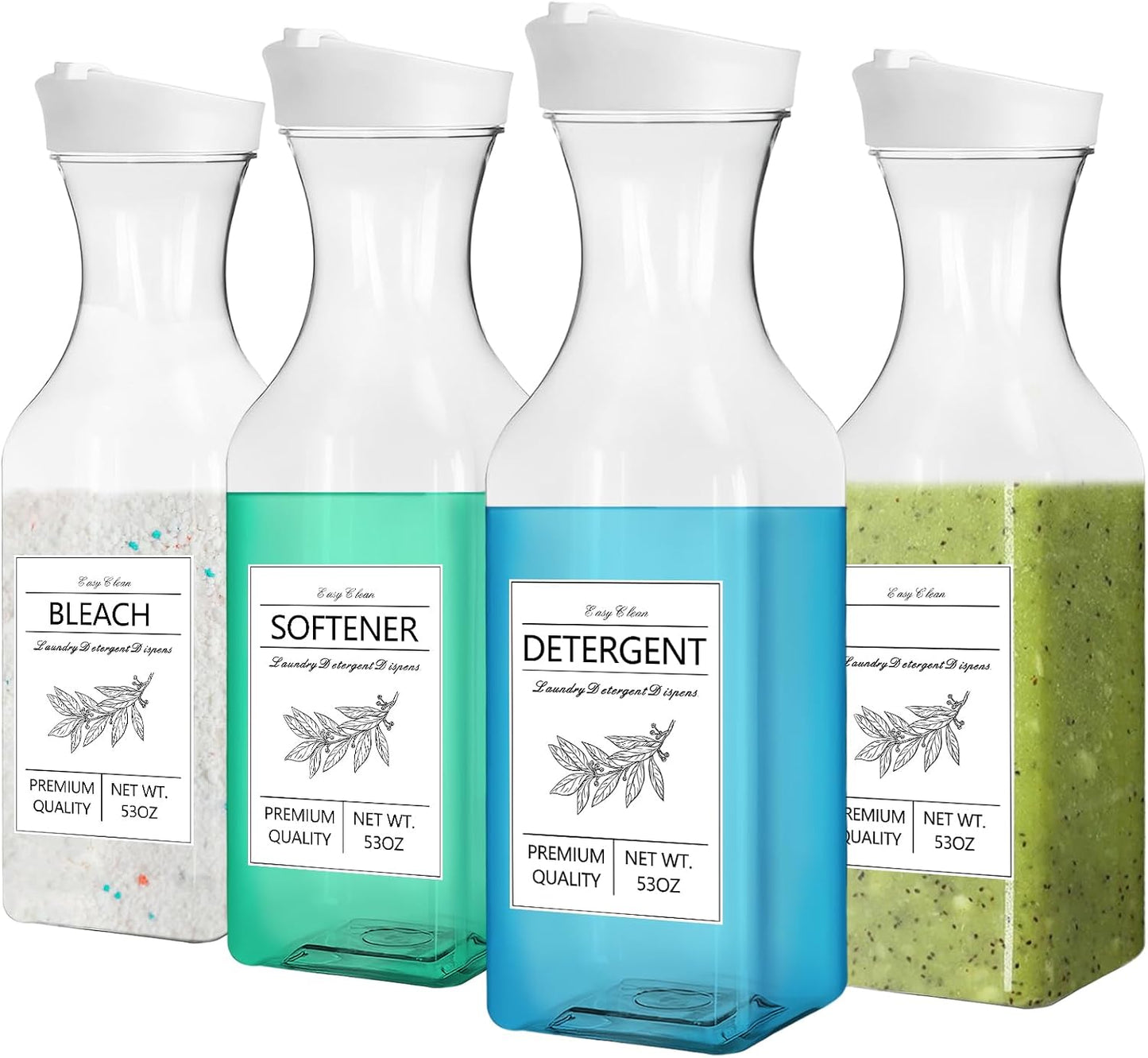 4 Pack Laundry Detergent Dispenser, 53oz Liquid Fabric Softener Dispenser,Plastic Laundry Detergent Containers with 10 PCS Label,White Lid