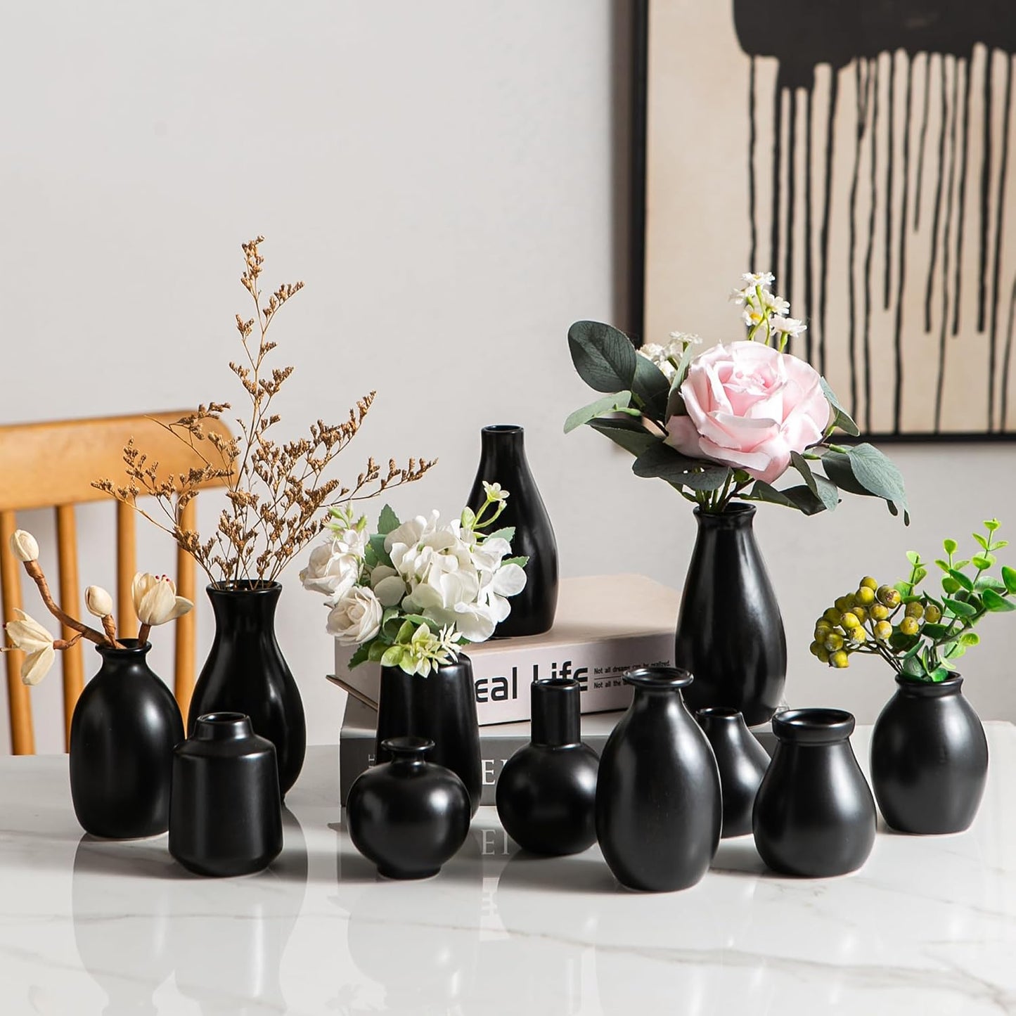 Small White Ceramic Vases Set of 5, Mini Decorative Boho Vases for Flower, Wedding & Home Decor
