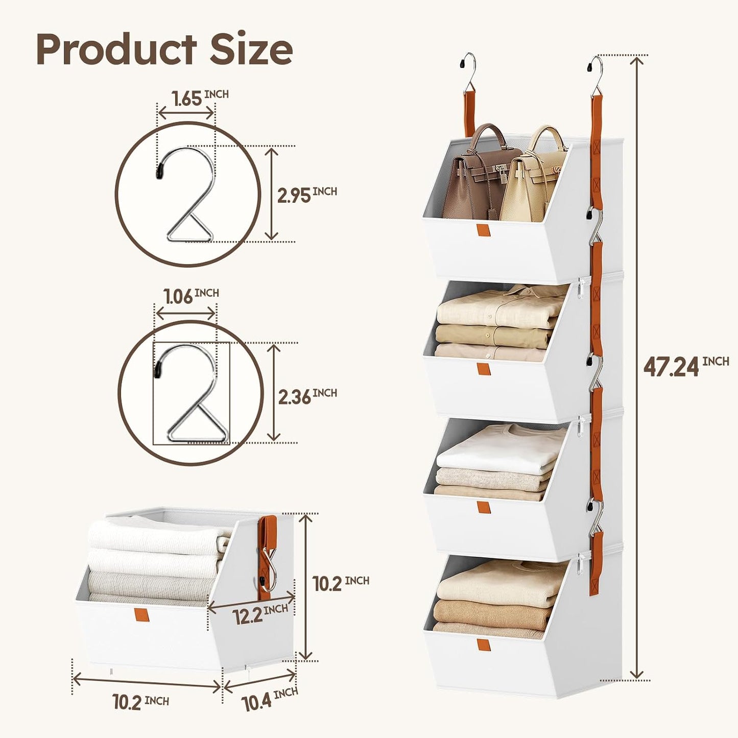 Homsorout Hanging Closet Organizer 4 Tier - Clothes Hanging Shelves, Space-Saving Closet System, Fabric Storage Bins Bedroom Organization, Collapsible Baskets for Home, Dorm, Rv, Beige