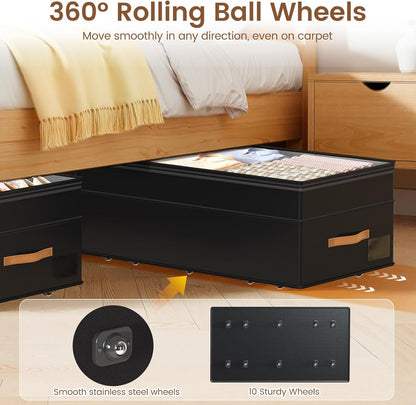 Under Bed Storage with Wheels, 2-Pack Underbed Storage Containers, No Assemble 11 inches 90L XXL Large Adjustable Storage Bins with Clear Lids, Rolling Storage for Clothes, Shoes, Blankets, Gray
