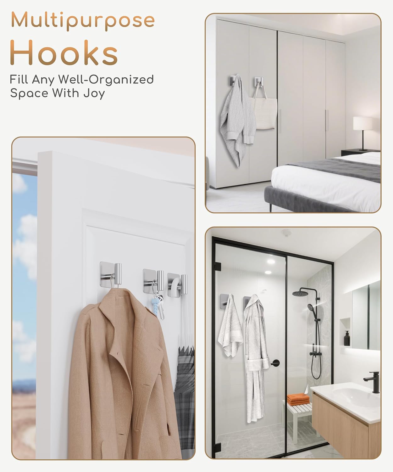 Aikzik 4 Pack Large Heavy Duty Wall Hooks - 26lb Max, Stainless Steel Adhesive Towel Hook, Shower Hooks for Hanging Towel, Coat, Robe, Wall Hook for Use in Bathroom, Kitchen and Door, Matte Black