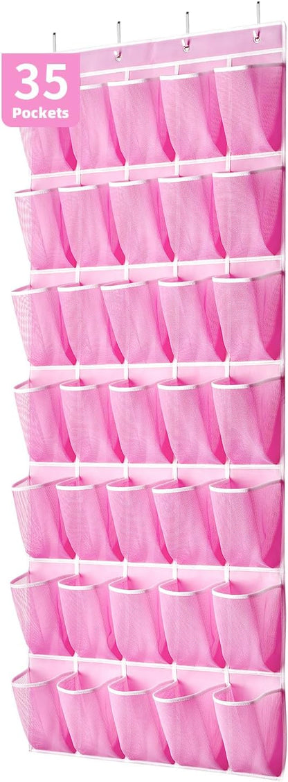 SAVERHO 35 Pockets Over the Door Shoe Organizer, Hanging Shoe Organizer for Door with 35 Mesh Pockets Large Capacity Shoe Hanging Storage Bag with 4 Metal Hooks (White-1Pack)