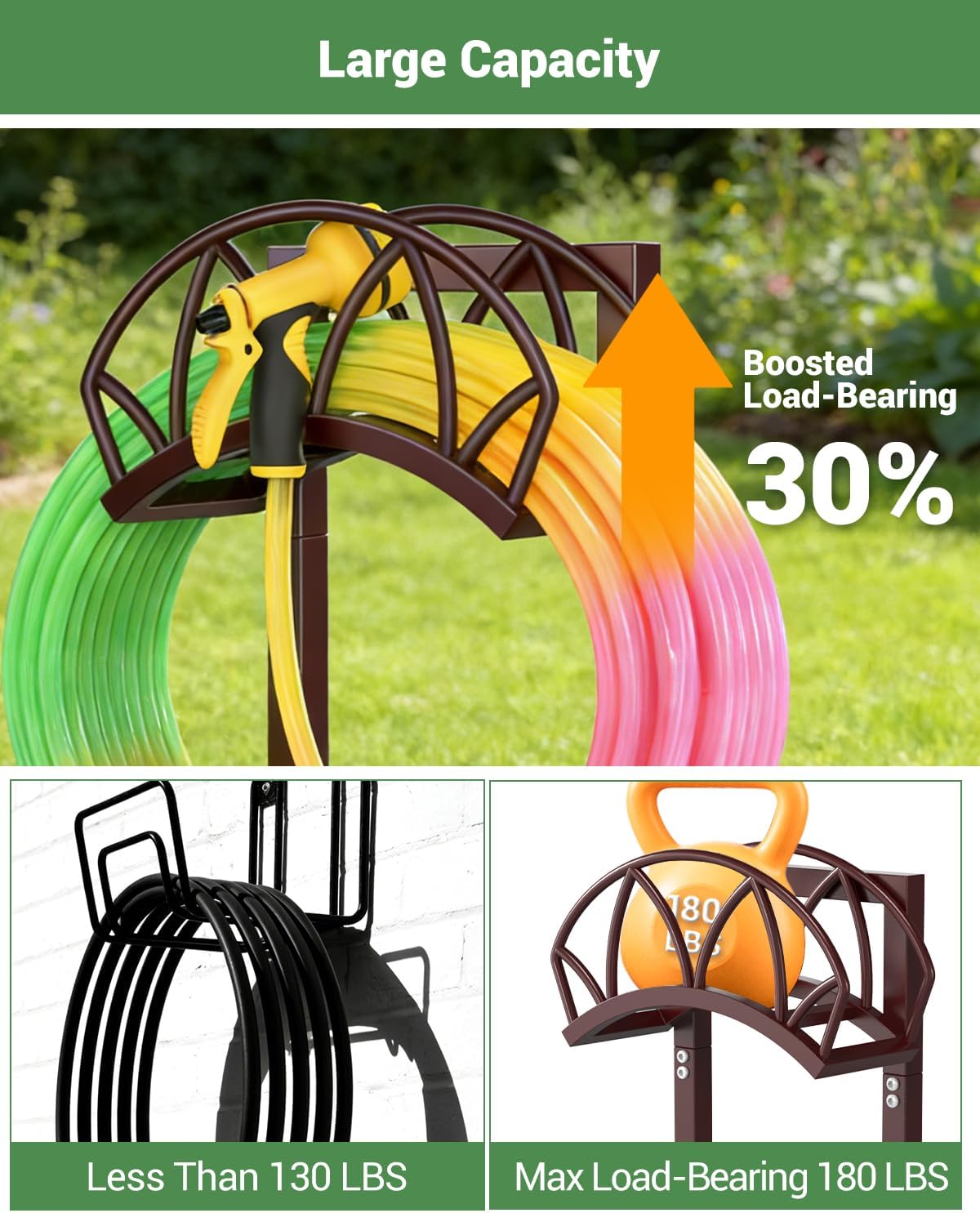 HZE Garden Hose Holder, Freestanding Water Hose Reel Stand for Outside, Heavy Duty Detachable Metal Storage Rack Holds 160 FT for Yard Lawn Farm, Black