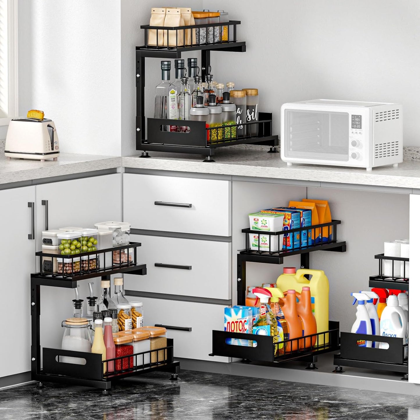 Saydear L-Shaped Under Sink Organizer, 2-Tier Pull-out Cabinet Rack 1-Pack | Black Height-Adjustable Metal Rack, Sliding Grid Drawers with Safety Stopper, Holds 100 Lbs, Ideal Kitchen Cabinet Storage