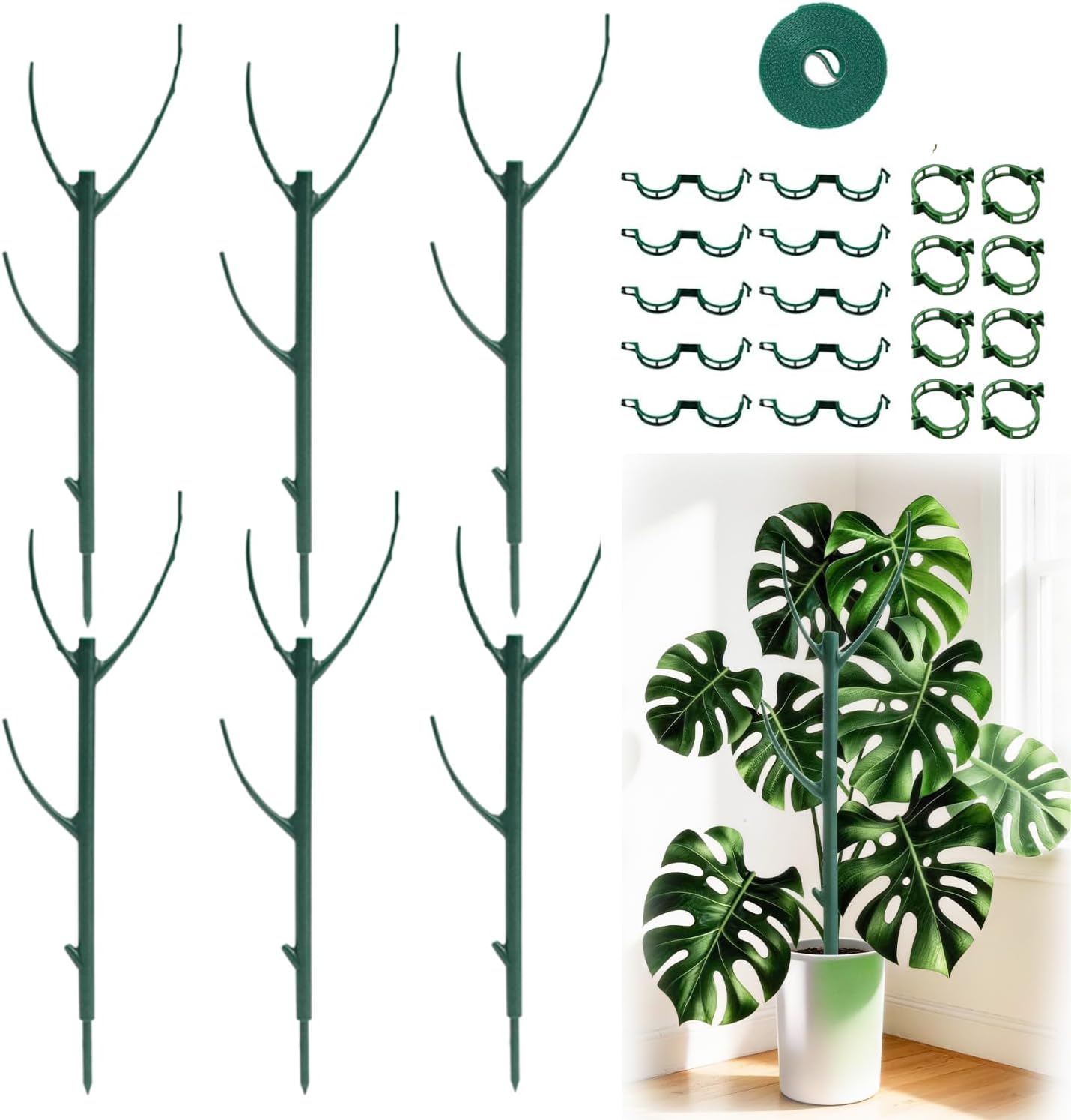 26Pcs Plant Support Combo, 5Pcs Stackable Monstera Plant Stakes Trellis+ 20Pcs Garden Clips + 1Pcs Ties, Moss Pole Alternative for Indoor Outdoor Climbing Vines Houseplants