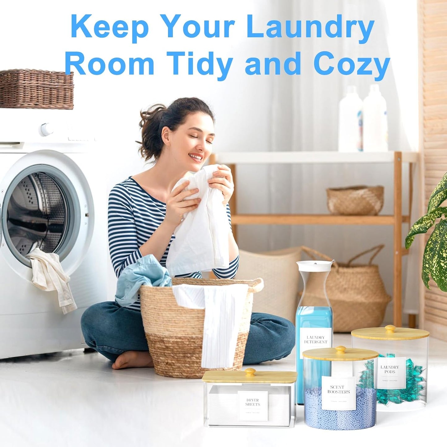3+1 Pack Laundry Pods Containers & Dryer Sheet Holder & Laundry Detergent Dispenser, Laundry Room Organization and Storage Jars with Lids, Labels and Scoops for Scent Booster Powder Pods, Black Lid