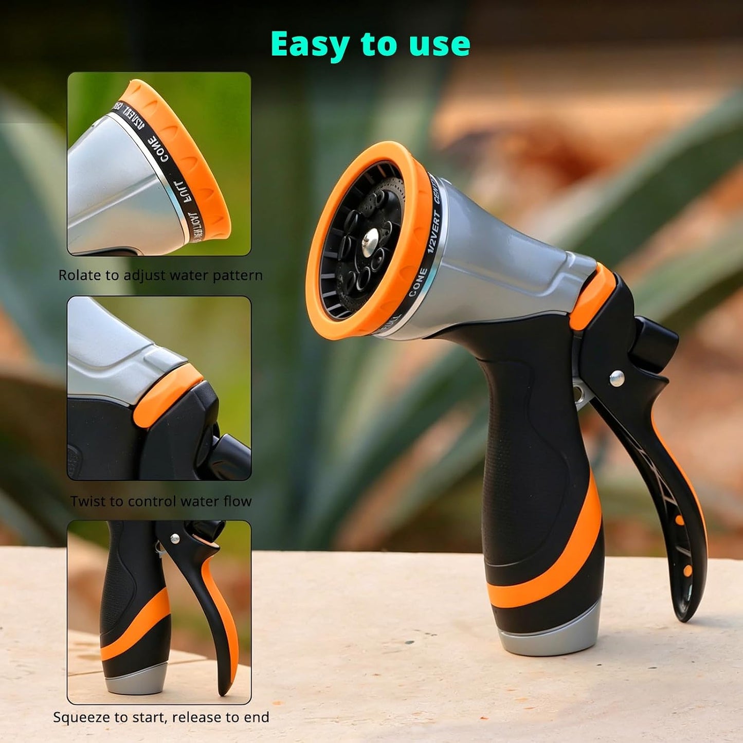 QUOBAS Metal Garden Hose Nozzle, Heavy Duty Water Hose Sprayer, Leak Proof | 10 Pattern Water Nozzle with Rubber Gasket, Garden Sprayer for Watering Plants, Washing Cars, Pet Shower, Blue
