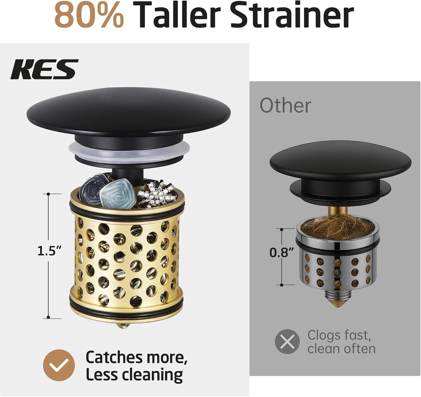 KES Bathroom Sink Drain with Overflow, All Metal Pop Up Drain for Bathroom Sink Stopper with Brass Strainer Basket Hair Catcher Anti Clog Rustproof 18/8 Stainless Steel Matte Black, S2018A-BK