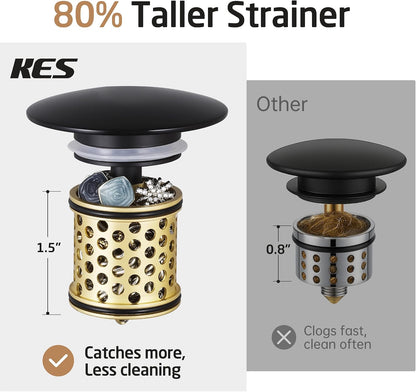 KES Bathroom Sink Drain with Overflow, All Metal Pop Up Drain for Bathroom Sink Stopper with Brass Strainer Basket Hair Catcher Anti Clog Rustproof 18/8 Stainless Steel Matte Black, S2018A-BK