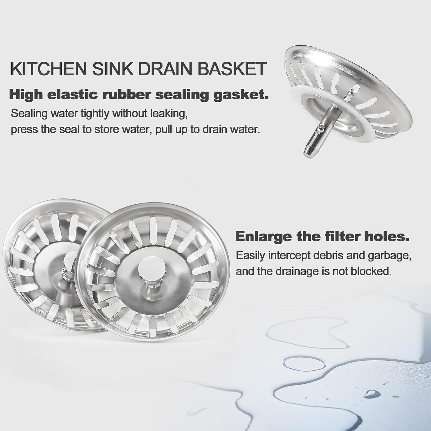 2pcs Kitchen Sink Drain Basket, 3 1/4 '' 304 Stainless Steel Drainage Filtration Basket with Handle for Kitchen Sink Strainer Replacement