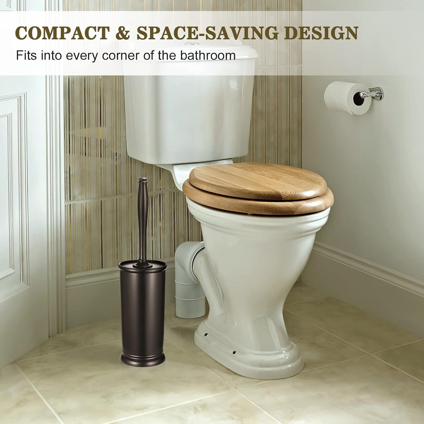 HAMITOR Toilet Bowl Brush Holder Set: 2 Pack Modern Deep Cleaning Bathroom Toilet Scrubber with Caddy for rv - Rim Decorative Accessories Cleaner Brushes for Toilet - Bronze1