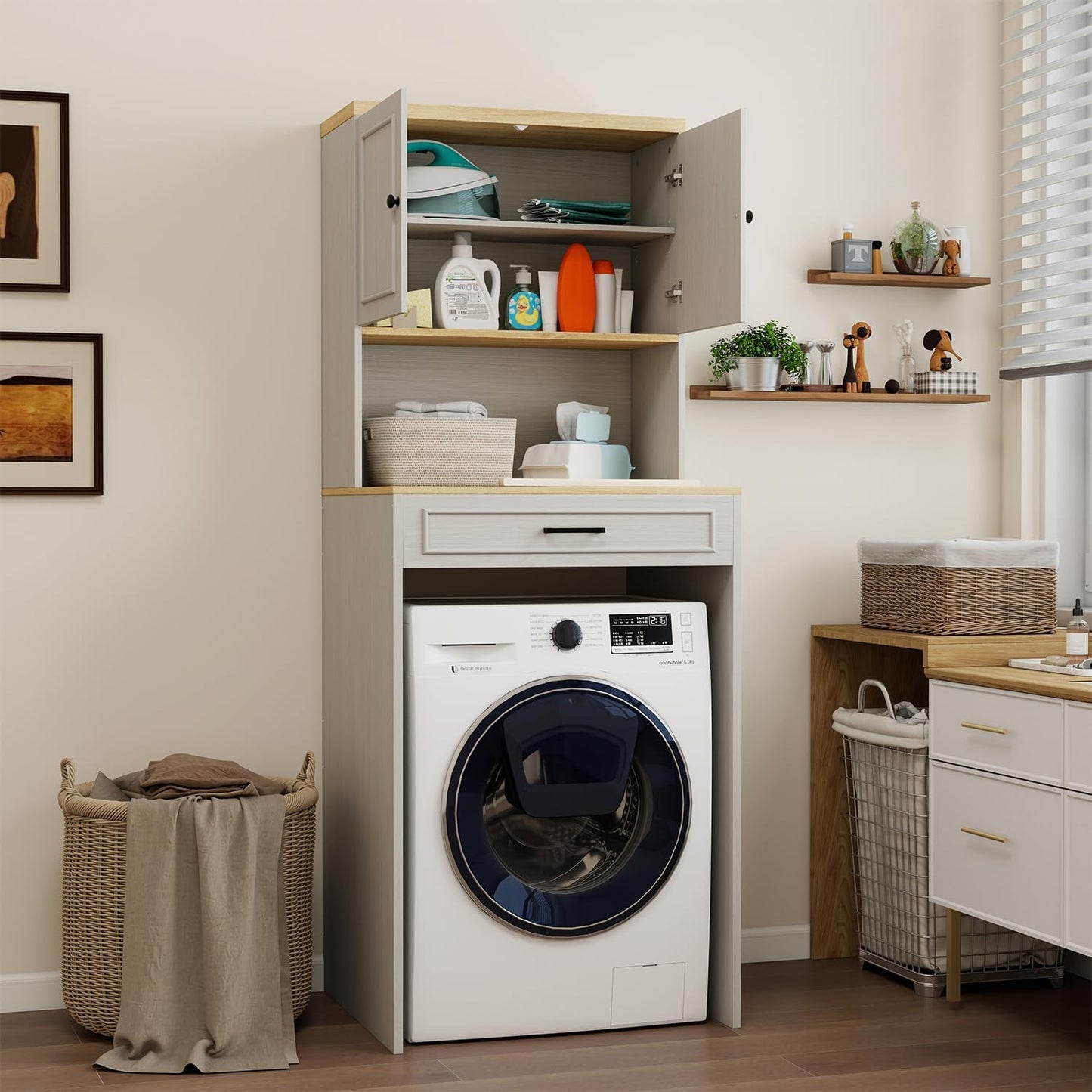 Locsear Washer Dryer Countertop with Shelf, Over The Washer or Dryer Storage Shelves Cabinet, Laundry Room Storage and Organization, Compact Washing Machines with a Width of Less Than 27 inches