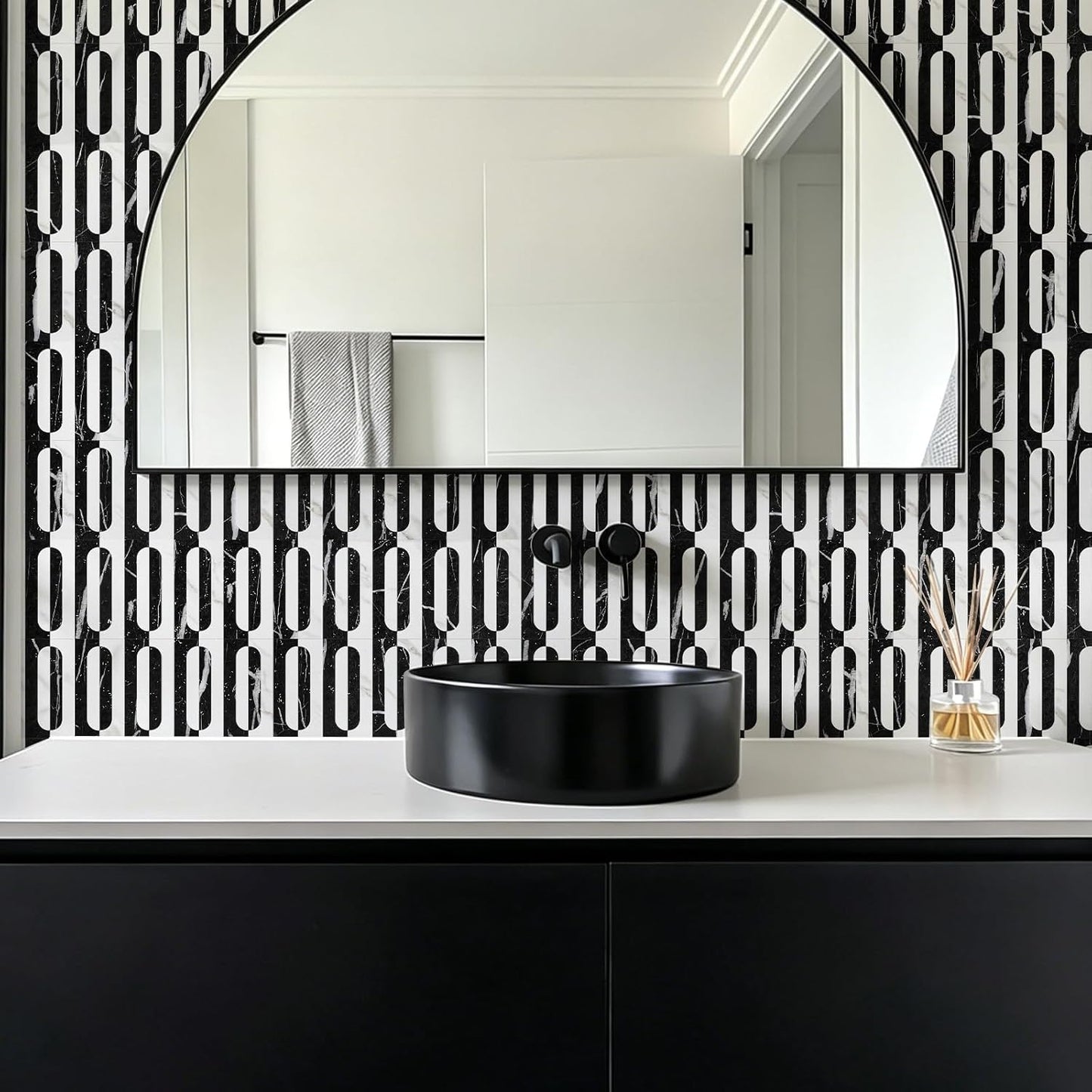 STICKGOO Peel and Stick Backsplash Tiles 12"x12", Waterproof Stick on Kitchen & Bathroom Backsplash, PVC Self Adhesive Wall Tiles for Fireplace, White/Marble Black (10 Sheets)