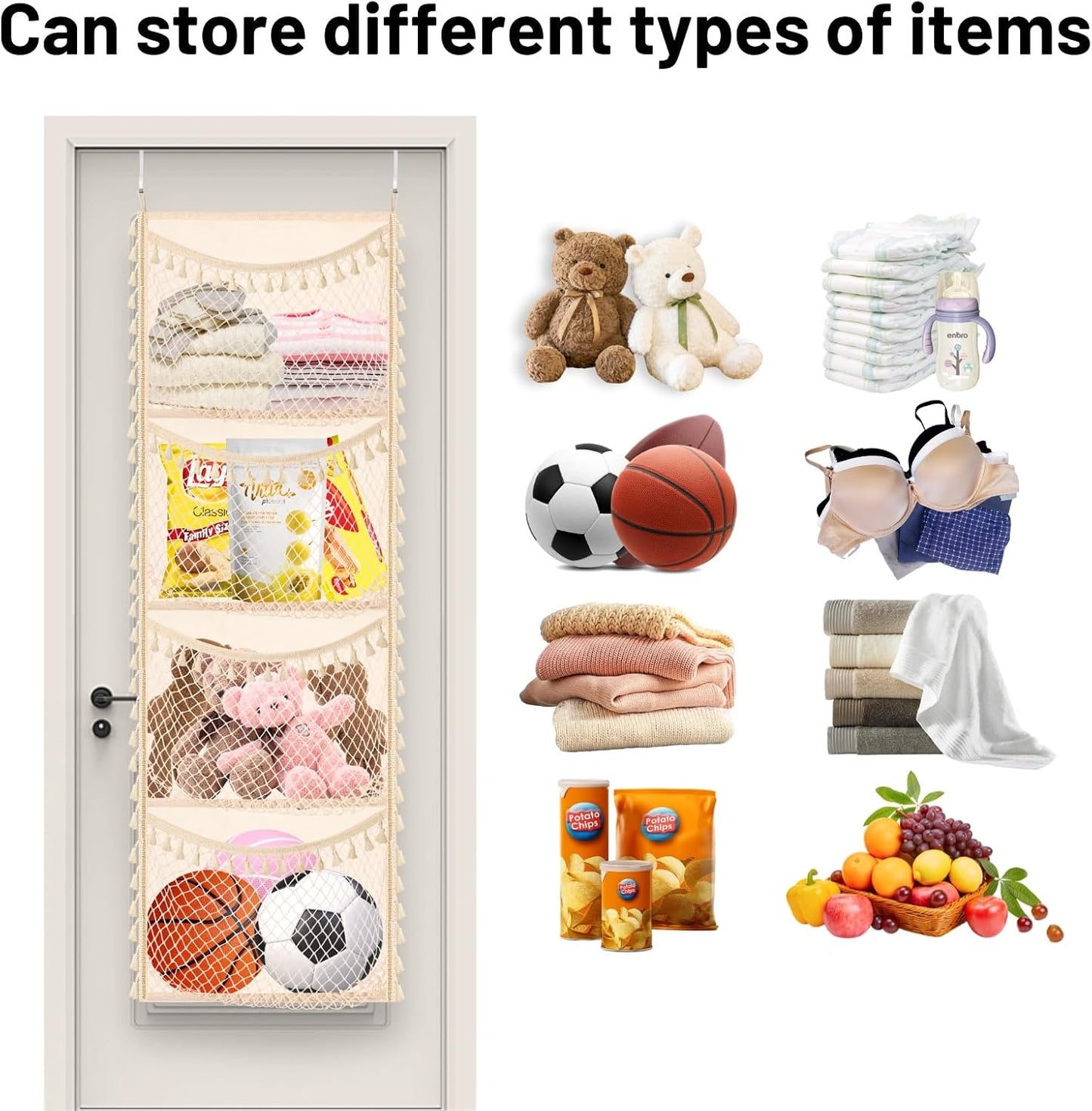 Ofiray-home Cotton Over The Door Stuffed Animal Storage | Toy Organizer for Storage Plush Toys, Stuffed Animal Holder with 4 Large Pockets, Hanging Door Organizer for Nursery
