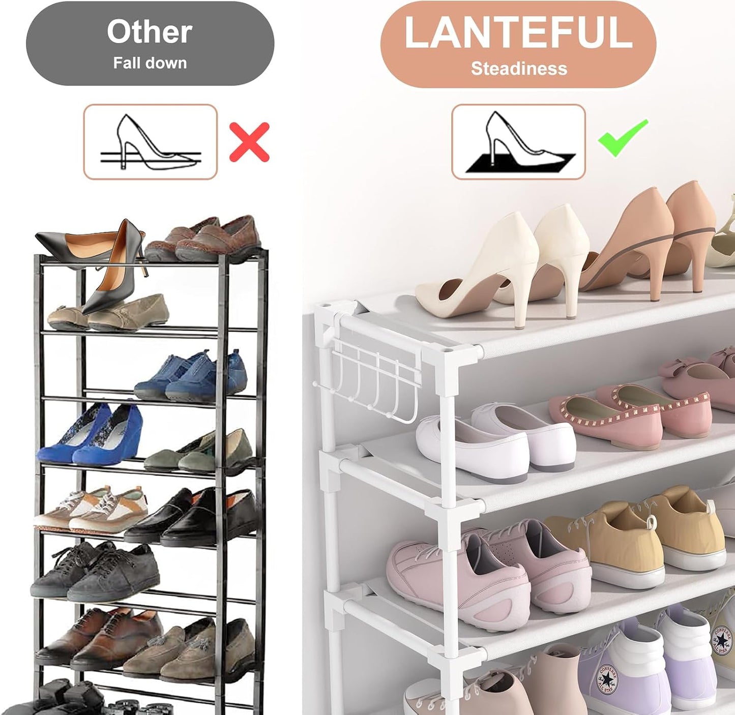 LANTEFUL 10 Tiers Shoe Rack 50 Pairs Large Capacity Tall Shoe Organizer Sturdy Shoe Storage with Two Hooks Space Saving Metal Wide Shoe Rack for Closet, Entryway, Bedroom, Black