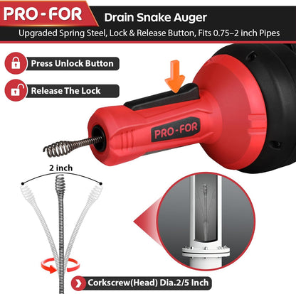 Drain Auger, 16.4FT Plumbing Snake Drain Clog Remover, Manual & Drill Powered Drain Snake for 0.75–2 Inch Pipes, Sink, Shower, Bathtub, Toilet, Kitchen Drain Cleaner Tool with Steel Cable