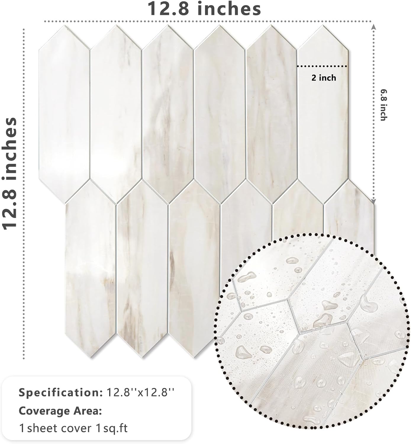 Vamos Tile Glossy Dolomite White Backsplash Tile Peel and Stick, 12.8 x 12.8 Inch 10 Sheets Long Hexagon PVC Self Adhesive Mosaic Wall Tiles Stick on Backsplash for Kitchen and Bathroom
